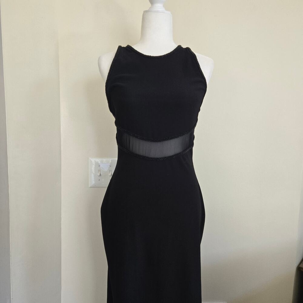 Adriana Papell Evening Gown Size 8 Black Bead Trim Mesh Mid Section Crossback